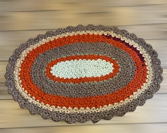 Crocheted oval rag rug, 24 "x35",handmade,browns, rust,table mat, farmhouse rug,made in Michigan,Moeggenborg Sugar Bush