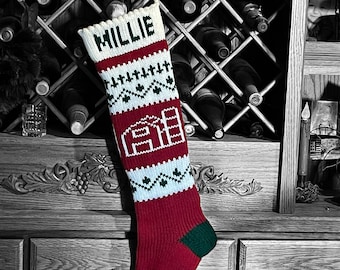 Personalized Christmas Stocking,Stockings, knitted,Red Barn, wedding gift,new baby gift, Moeggenborg Sugar Bush,Knitted Lining,Michigan Made