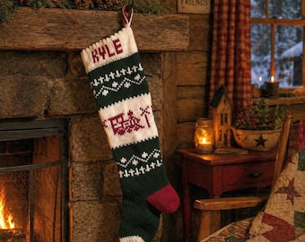Train Christmas Stocking,personalized, knitted, made in the USA,wedding,new baby, Made in America,Moeggenborg Sugar Bush, lined