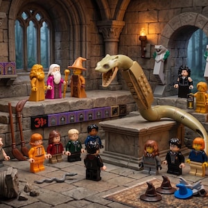 May include: A Lego set depicting a scene from a fantasy movie. The set features various minifigures, including wizards and students, along with a large snake and architectural elements. The scene is set in a stone chamber with arched windows.