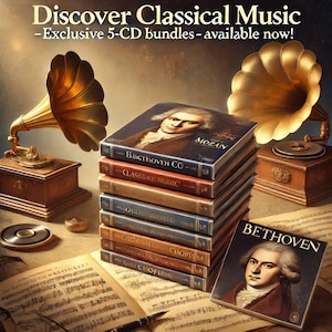 May include: A stack of five classical music CDs featuring composers Mozart, Beethoven, and Chopin. The CDs are arranged in a tower with the title of each CD visible. The CDs are displayed on a wooden surface with a vintage gramophone on either side.