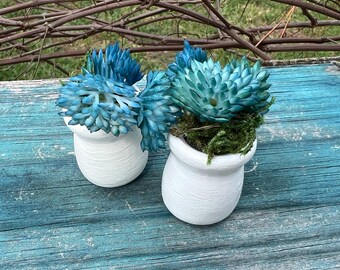 White Flower Pots with Blue Plants for Model Horses, Doll Houses & More