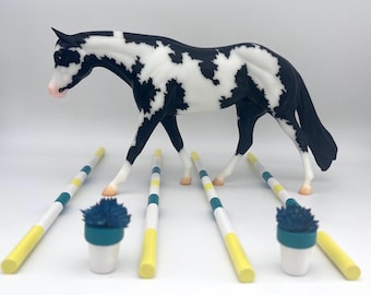 Model Horse Trail Pole Set with Brush Pots - Traditional Scale, Teal Yellow White