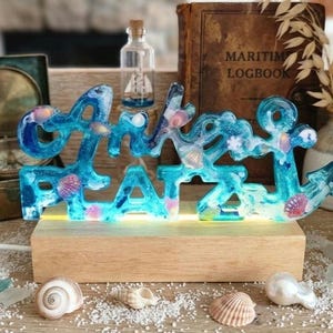 Gepersonaliseerd ankerbord met ledverlichting, epoxyharslamp met naam, individueel nautisch decoratief cadeau, verlicht bord