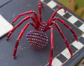 Christmas Beaded Spider Ornament | Garnet Red Suncatcher | Handmade Beaded Decor