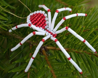 Christmas Beaded Spider White & Red, Hanging Spider Ornament,  Legend of the Christmas Spider