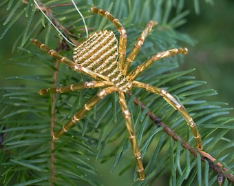 Glass Beaded Christmas Spider Ornament Victorian Gold