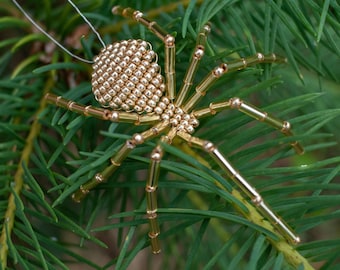 Gold Christmas Spider Ornament, Includes Legend and Gift Bag, Ready to Hang on Tree, Handmade Realistic Beaded Spider