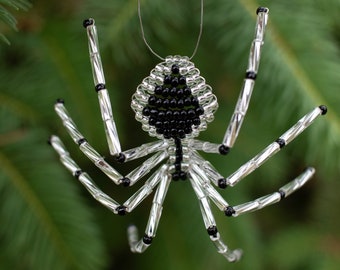 Christmas Spider Ornament, Silver & Black Beaded Spider, Christmas Spider Story, Handmade Christmas Tree Ornaments