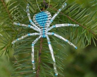 Christmas Spider Ornament, Silver & Teal Beaded Spider, Christmas Spider Story, Handmade Christmas Tree Ornaments