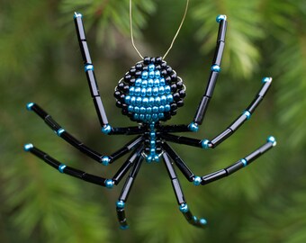 Black & Metallic Blue Spider Ornament, Hanging Beaded Spider Decoration, Christmas Spider Legend included