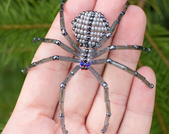 Gray Spider with Blue Eyes | Beaded Spider Ornament |