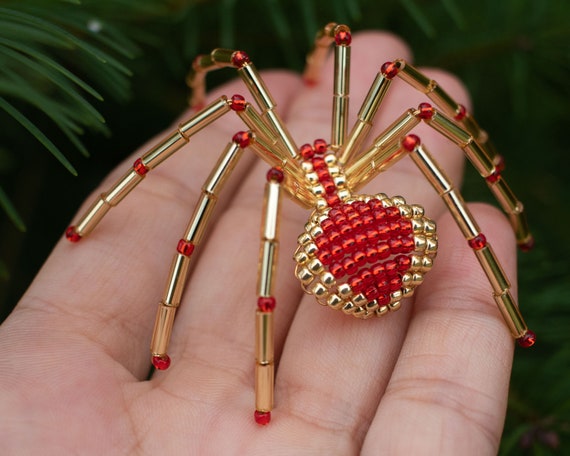 Christmas Spider Ornament, Gold & Red Beaded Christmas Tree