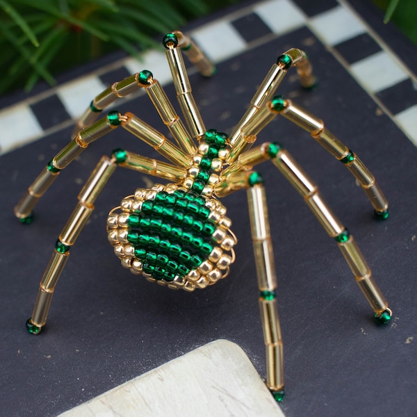 Beaded Christmas Spider, Gold and Green Spider Ornament, Unique Christmas Gifts, Hanging Spider Decor, Legend of the Christmas Spider
