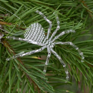 May include: A silver beaded spider ornament with eight legs, hanging from a branch of a green pine tree.