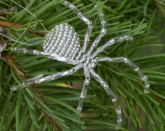 Silver Christmas Spider Ornament, Includes Legend and Gift Bag, Ready to Hang on Tree, Handmade Realistic Beaded Spider