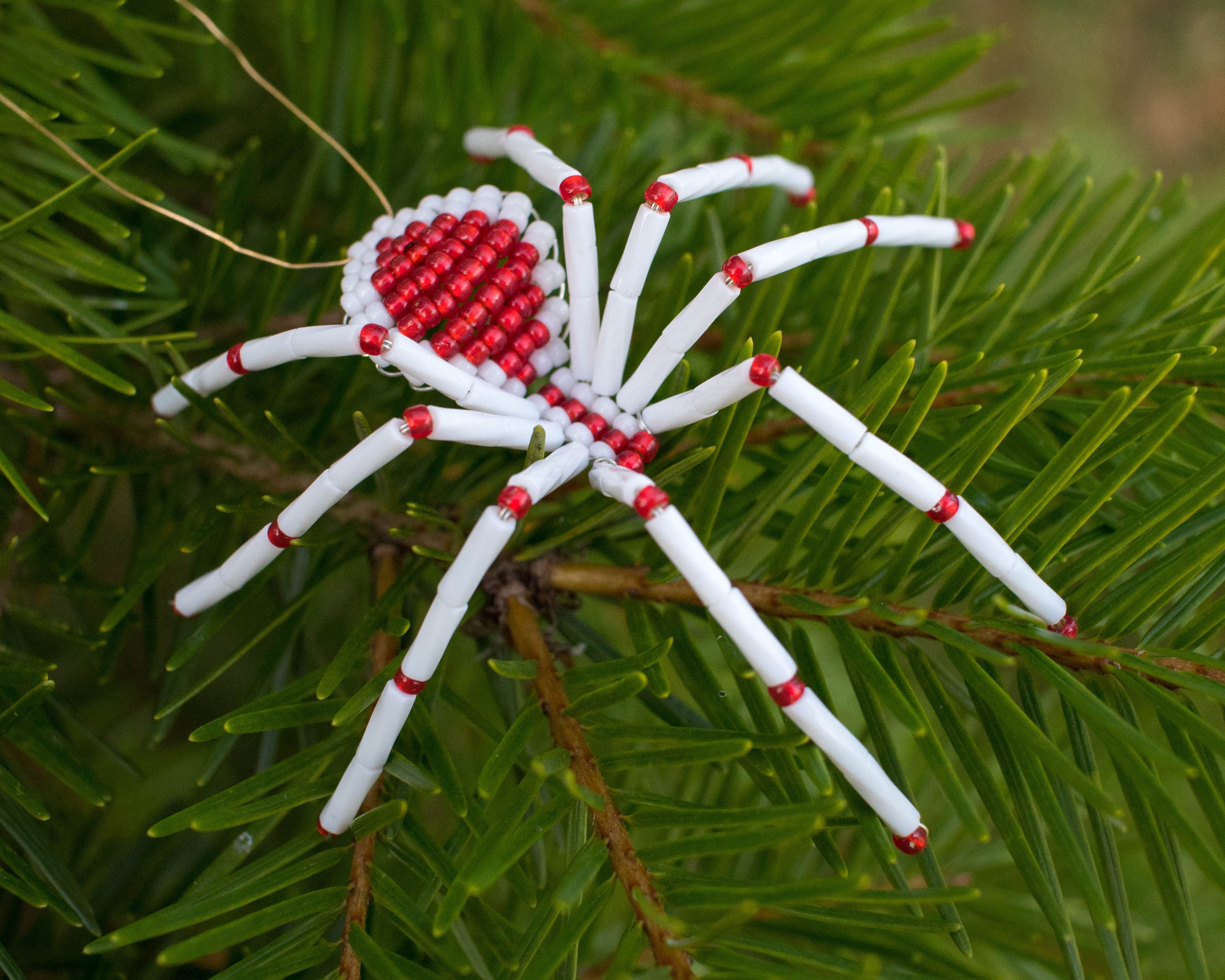 Christmas Beaded Spider White & Red, Hanging Spider Ornament