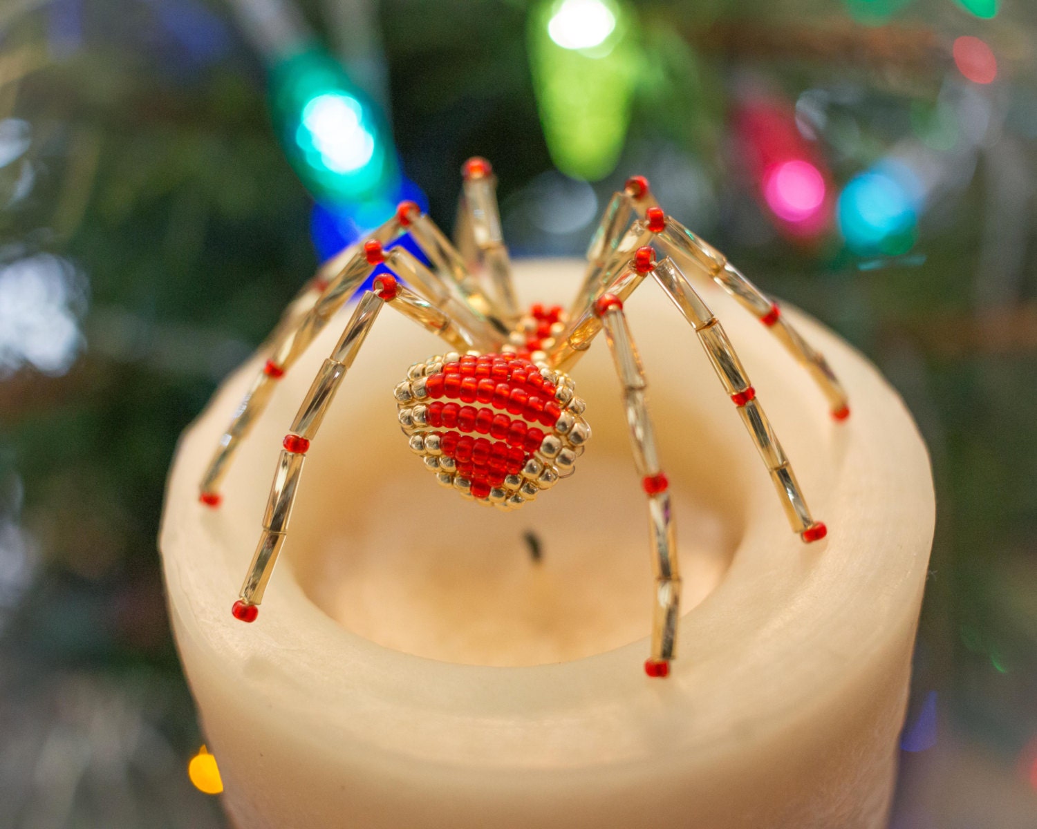 GOLD & RED CHRISTMAS BEADED SPIDER ORNAMENT 