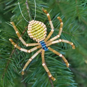 Golden Orb Weaver Christmas Beaded Spider Ornament, Christmas Spider Legend, Yellow and Blue Spider