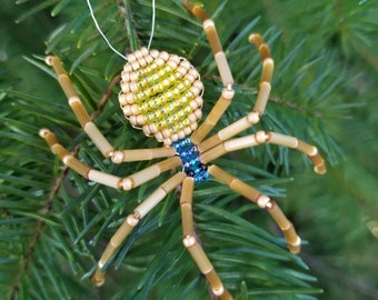 Golden Orb Weaver Christmas Beaded Spider Ornament, Christmas Spider Legend, Yellow and Blue Spider