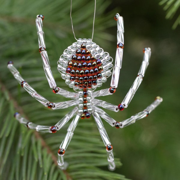 Christmas Beaded Spider Ornament Silver & Garnet, Handmade Traditional Christmas Ornaments, Unique Holiday Gift Idea, Folk Christmas Decor