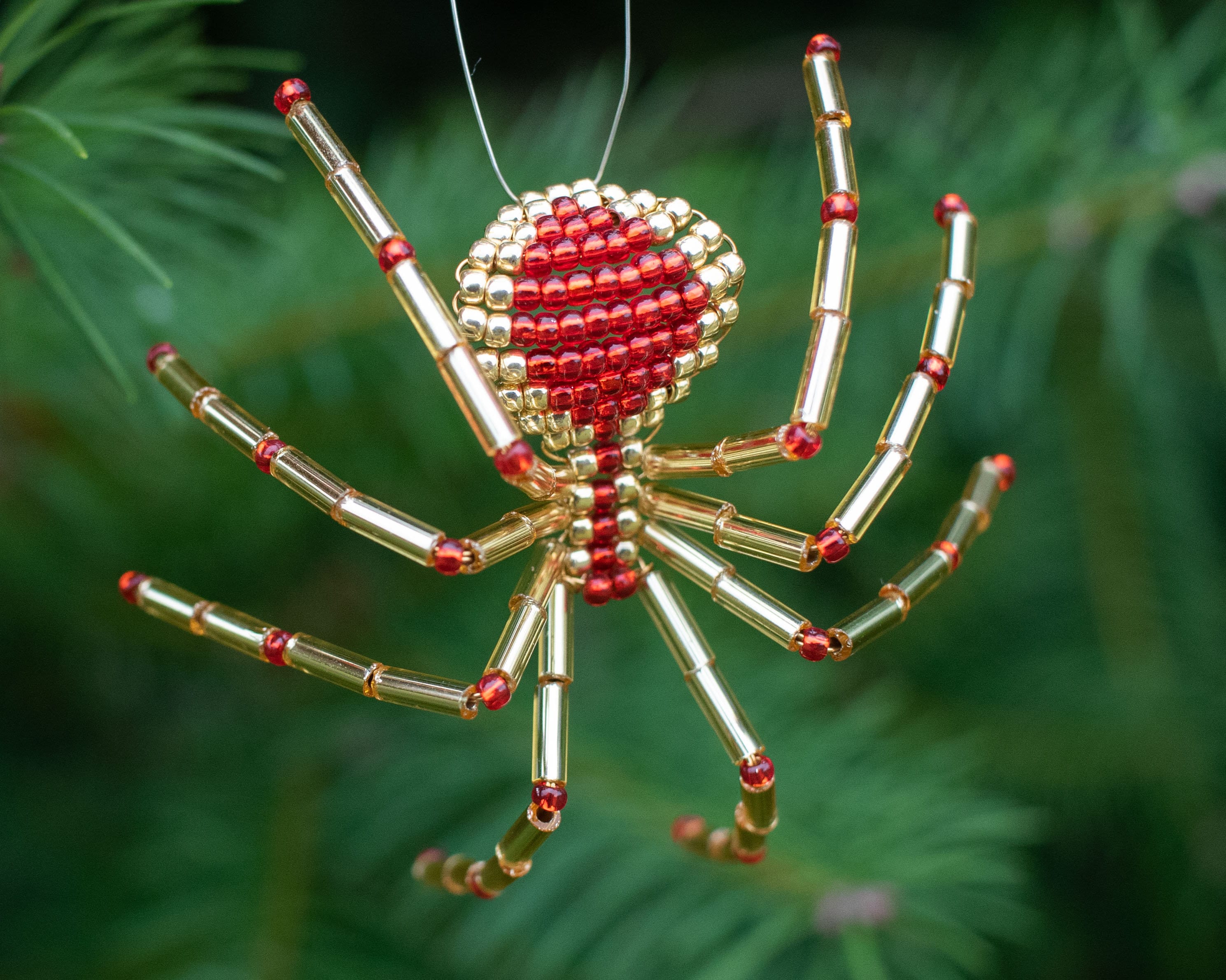 Christmas Spider Ornament, Gold & Red Beaded Christmas Tree