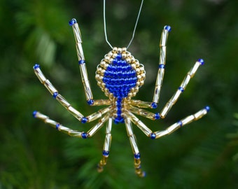 Legend of the Christmas Spider, Beaded Spider Ornament, Gold & Blue, Spider Christmas Tree Ornament
