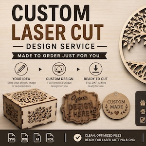 Può includere: Un annuncio per un servizio di taglio laser personalizzato che presenta un ritaglio circolare dell'albero della vita, una piccola scatola di legno con motivi floreali e due etichette in legno con il testo Your Design Here e Custom Made.