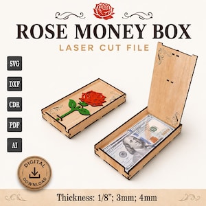 Rose Money Box SVG | Cash Gift Box Laser Cut File | Money Holder SVG for Glowforge CNC | Digital Download