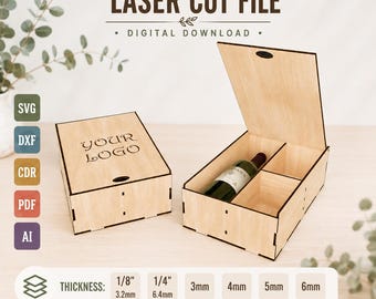 Plantilla para caja de regalo cortada con láser, caja para botella personalizada (descarga digital)