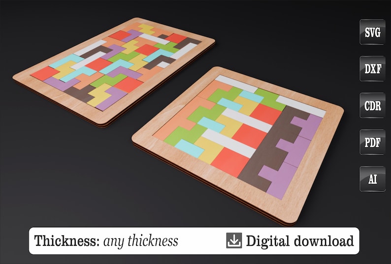 K&ouml;nnte beinhalten: Zwei Holzpuzzles mit bunten geometrischen Formen. Die Puzzles sind rechteckig mit einem hellbraunen Rahmen. Der Text "Thickness: any thickness" und "Digital download" sind sichtbar.