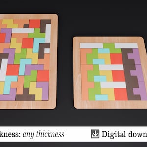 K&ouml;nnte beinhalten: Zwei Holzpuzzles mit bunten geometrischen Formen. Die Puzzles sind rechteckig mit einem hellbraunen Rahmen. Die Formen sind in verschiedenen Farben gehalten, darunter Rot, Orange, Gelb, Gr&uuml;n, Blau und Lila. Der Text unten lautet "Dicke: jede Dicke" und "Digitaler Download".