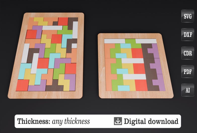 K&ouml;nnte beinhalten: Zwei Holzpuzzles mit bunten geometrischen Formen. Die Puzzles sind rechteckig mit einem hellbraunen Rahmen. Die Formen sind in verschiedenen Farben gehalten, darunter Rot, Orange, Gelb, Gr&uuml;n, Blau und Lila. Der Text unten lautet "Dicke: jede Dicke" und "Digitaler Download".