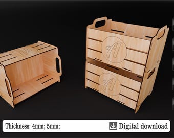 Cesta de transporte SVG - Archivo de caja de madera cortado a láser con asas - Diseño artesanal