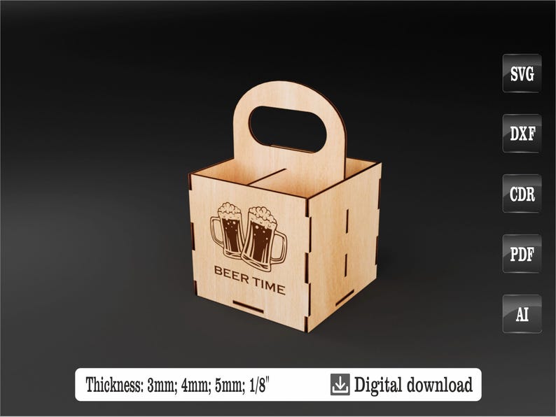 Puede incluir: Un portabotellas de cerveza de madera clara con asa, con dos jarras de cerveza y el texto "BEER TIME". El portabotellas est&aacute; dise&ntilde;ado para contener varias botellas o latas. El grosor es de 3 mm.