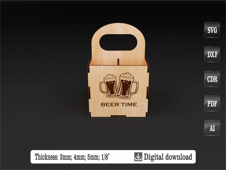 Puede incluir: Un portabotellas de cerveza de madera con asa, con un dise&ntilde;o grabado de dos jarras de cerveza y el texto "BEER TIME". El grosor del portabotellas es de 3mm, 4mm o 5mm. Descarga digital disponible.