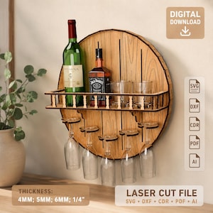 Archivo de estante para vino cortado con láser / Botellero de barril SVG / Soporte para botellas de pared DXF CDR