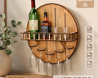 Laser Cut Wine Shelf File | Barrel Wine Rack SVG  | Wall Mounted Bottle Holder DXF CDR