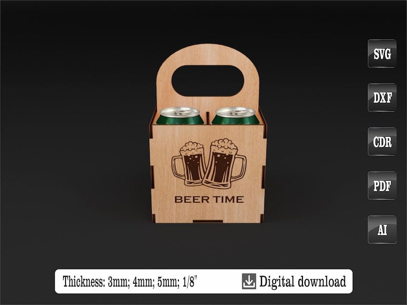 Puede incluir: Un portabotellas de cerveza de madera con asa, que contiene dos latas de cerveza verdes. El portabotellas est&aacute; grabado con dos jarras de cerveza y las palabras "BEER TIME". El grosor es de 3mm, 4mm, 5mm. Descarga digital disponible.