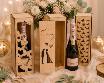 Caja de vino cortada con láser SVG, caja de champán para bodas, archivos CNC, plantilla de caja de regalo de madera, Dxf Pdf Svg Ai Crd