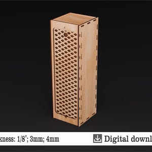 May include: A wooden box with a lattice design on the front. The box is 1/8 inch thick and is available in 3mm and 4mm thicknesses. The box is a digital download and is available in SVG, DXF, CDR, PDF, and AI formats.