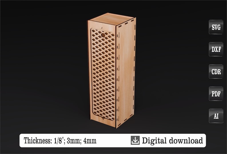 May include: A wooden box with a lattice design on the front. The box is 1/8 inch thick and is available in 3mm and 4mm thicknesses. The box is a digital download and is available in SVG, DXF, CDR, PDF, and AI formats.