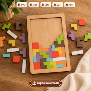 May include: Wooden Tetris puzzle with colorful geometric shapes. The puzzle is partially assembled within a wooden frame. Various shapes in orange, green, purple, and white are scattered around the frame. The image includes file type icons and a "Digital Download" button.