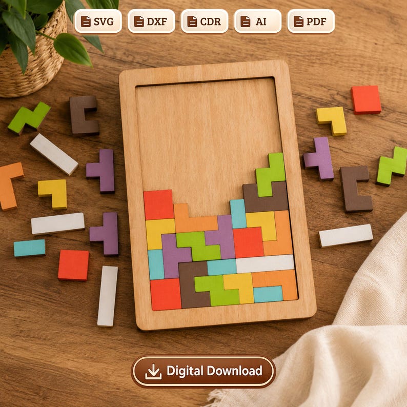 K&ouml;nnte beinhalten: Holz-Tetris-Puzzle mit bunten geometrischen Formen. Das Puzzle ist teilweise in einem Holzrahmen zusammengesetzt. Verschiedene Formen in Orange, Gr&uuml;n, Lila und Wei&szlig; sind um den Rahmen herum verstreut. Das Bild enth&auml;lt Dateityp-Symbole und eine Schaltfl&auml;che "Digitaler Download".