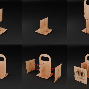 Puede incluir: Una serie de im&aacute;genes que muestran el montaje de un portador de cerveza de madera. El portador est&aacute; hecho de madera de color marr&oacute;n claro y tiene un asa. El texto "BEER TIME" es visible en la parte delantera del portador ensamblado, junto con dos jarras de cerveza.