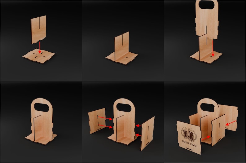 Puede incluir: Una serie de im&aacute;genes que muestran el montaje de un portador de cerveza de madera. El portador est&aacute; hecho de madera de color marr&oacute;n claro y tiene un asa. El texto "BEER TIME" es visible en la parte delantera del portador ensamblado, junto con dos jarras de cerveza.
