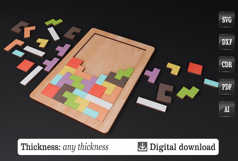 K&ouml;nnte beinhalten: Holz-Tetris-Puzzle mit bunten geometrischen Formen, teilweise in einem Holzrahmen zusammengesetzt. Der Text "Thickness: any thickness" und "Digital download" ist enthalten.