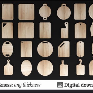 Puede incluir: Una descarga digital de 20 diseños diferentes de tablas de cortar en formatos SVG, DXF, CDR, PDF y AI. Los diseños son de diferentes formas y tamaños, y son perfectos para crear tablas de cortar personalizadas.