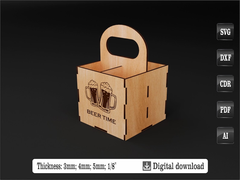 Puede incluir: Un portabotellas de cerveza de madera con asa, con detalles cortados con l&aacute;ser. La parte delantera muestra dos jarras de cerveza con el texto "BEER TIME". El portabotellas est&aacute; dise&ntilde;ado para contener varias botellas o latas. Grosor: 3mm, 4mm, 5mm.