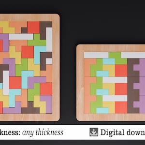 K&ouml;nnte beinhalten: Zwei Holzpuzzles im Tetris-Stil mit bunten geometrischen Formen. Die Puzzles befinden sich in Holzrahmen, einer rechteckig und einer quadratisch. Das Bild enth&auml;lt den Text "Dicke: jede Dicke" und "Digitaler Download".